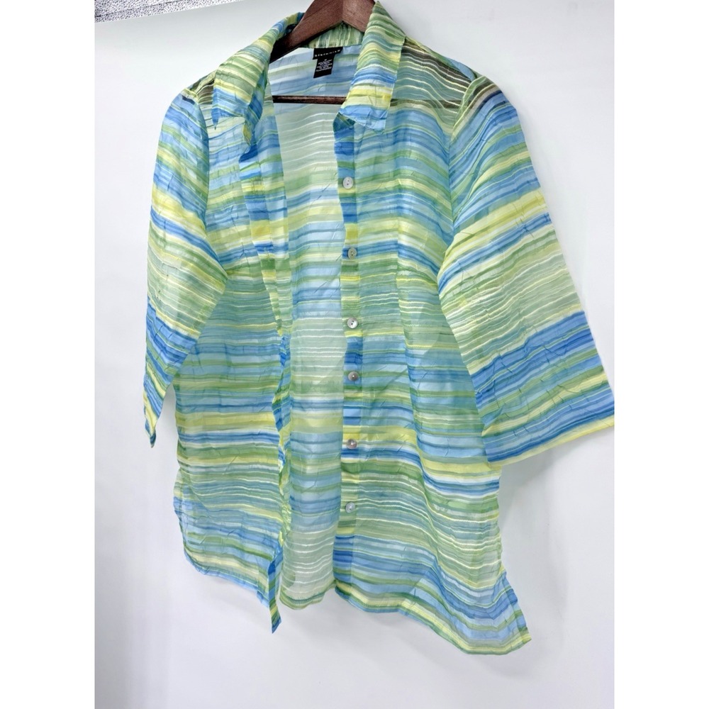 Citiknits Sheer Blue Green Striped Long Sleeve Tunic button up cover up beach M